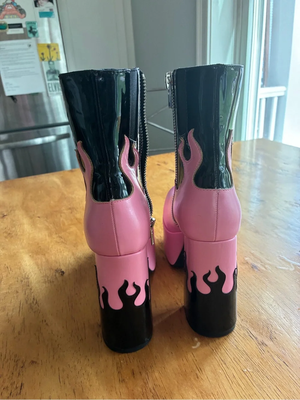 Sugar Thrillz Pink and Black Flame Platform Ankle Boots